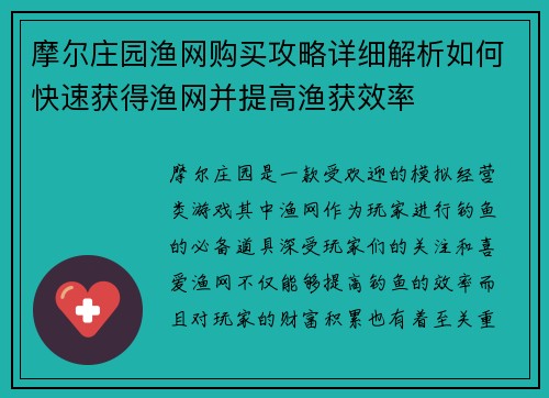 摩尔庄园渔网购买攻略详细解析如何快速获得渔网并提高渔获效率
